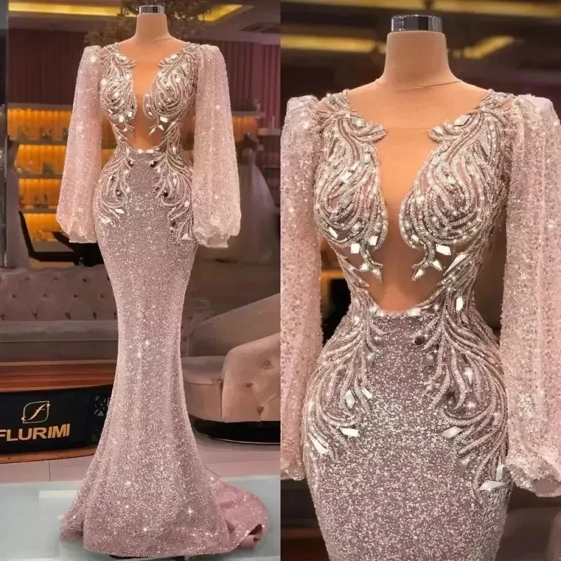 

Light Pink Evening Dresses Long Sleeves Mermaid Crystals Sequins Applique Sexy Illusion Floor Length Plus Size Pleats Prom Gown