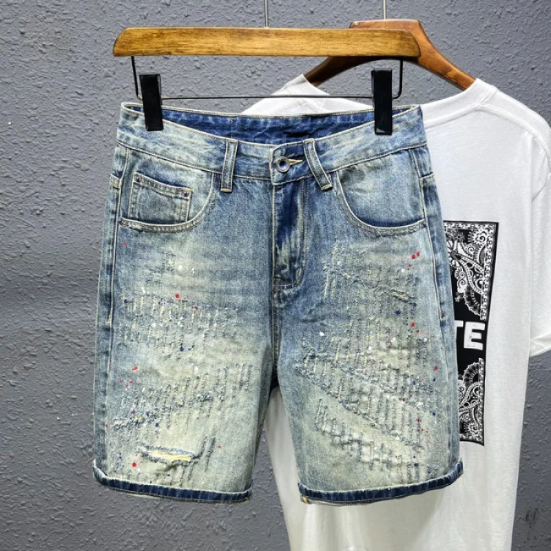 2024summer scratch denim shorts men's trendy high-end casual all-matching fashion retro pants