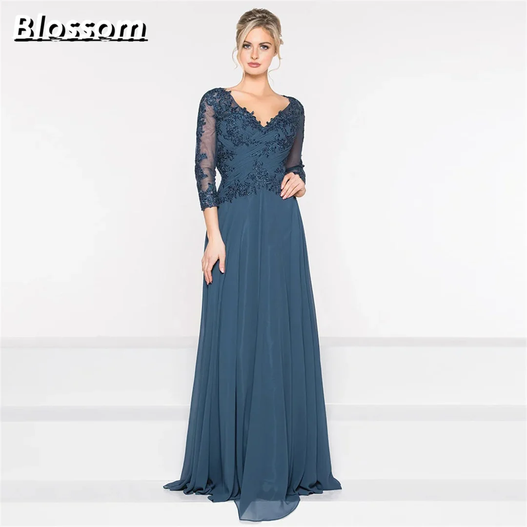 

V-neck Long Sleeves Appliques Mother Of The Bride Dress Chiffon Floor-length Wedding Guest Dresses For Prom Party Gown