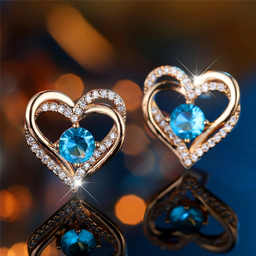 Cute Female Crystal Water Blue Zircon Round Stone Love Heart Stud Earrings Gold Color Wedding Jewelry For Women