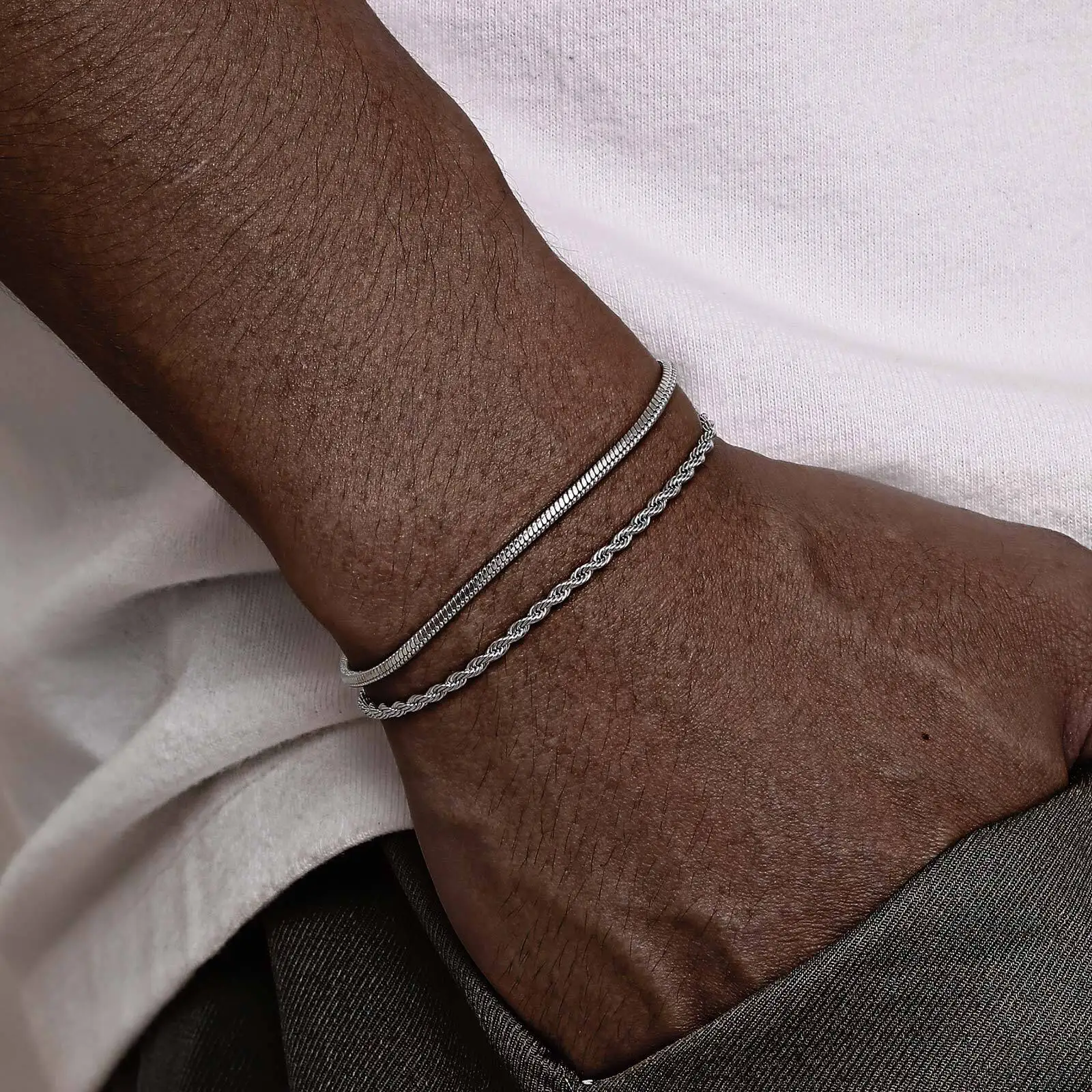 Vnox 2 pezzi/set braccialetti a catena da uomo, bracciale a catena con corda intrecciata regolabile da 16 cm-21 cm, bracciale a maglie a serpente in acciaio da 21 cm-24 cm 1