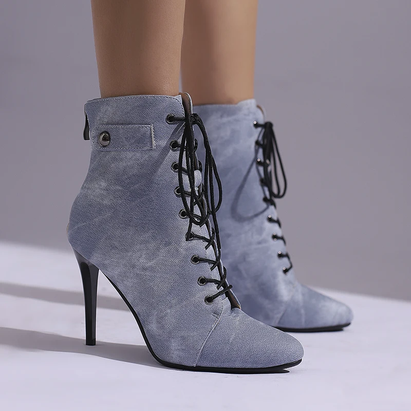

Stylish Women's Stiletto Denim Boots Ankle Lace Up Shoes Sexy Thin High Heels Booties Daily 2024 Spring Autumn US 4.5-10.5