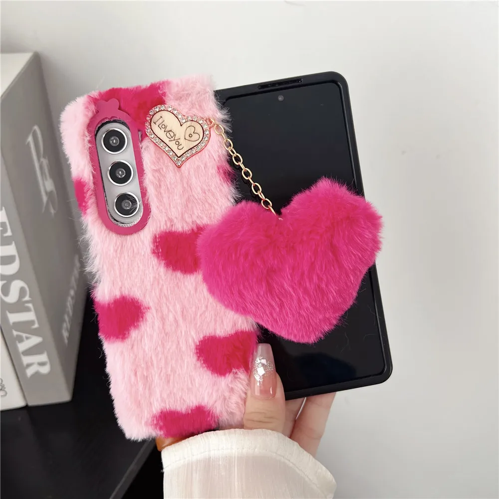 For Samsung Galaxy Z Fold 5 Case Korea Cute Fluffy Plush Love Pendant Phone Case For Galaxy Z Fold6 Cover Z Fold3 Z Fold2 Fold5 | Gaffar India