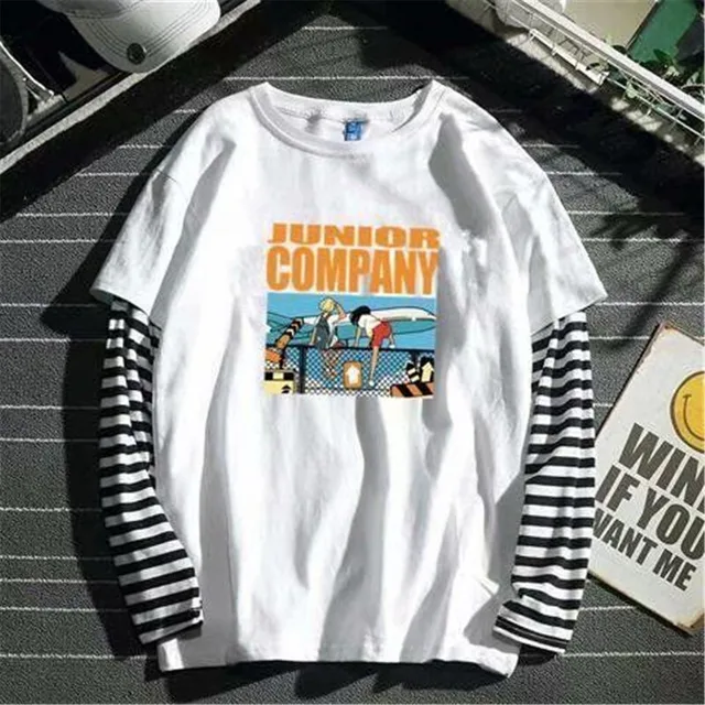Camiseta de retales a rayas para hombre, Tops de gran tamaño para niño, camiseta de manga larga sólida, camiseta japonesa gótica de Japón - Imagen 4