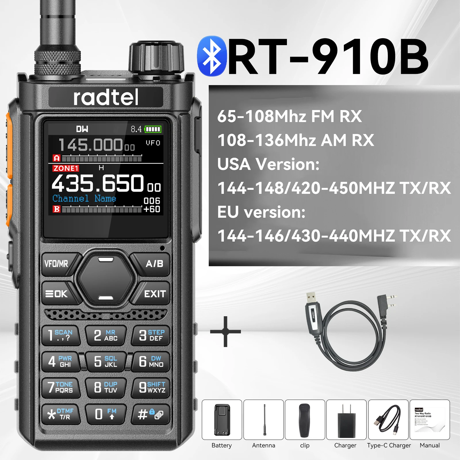 Bluetooth Programmable Walkie-Talkie with 960 Channels and AM/FM Air Band
