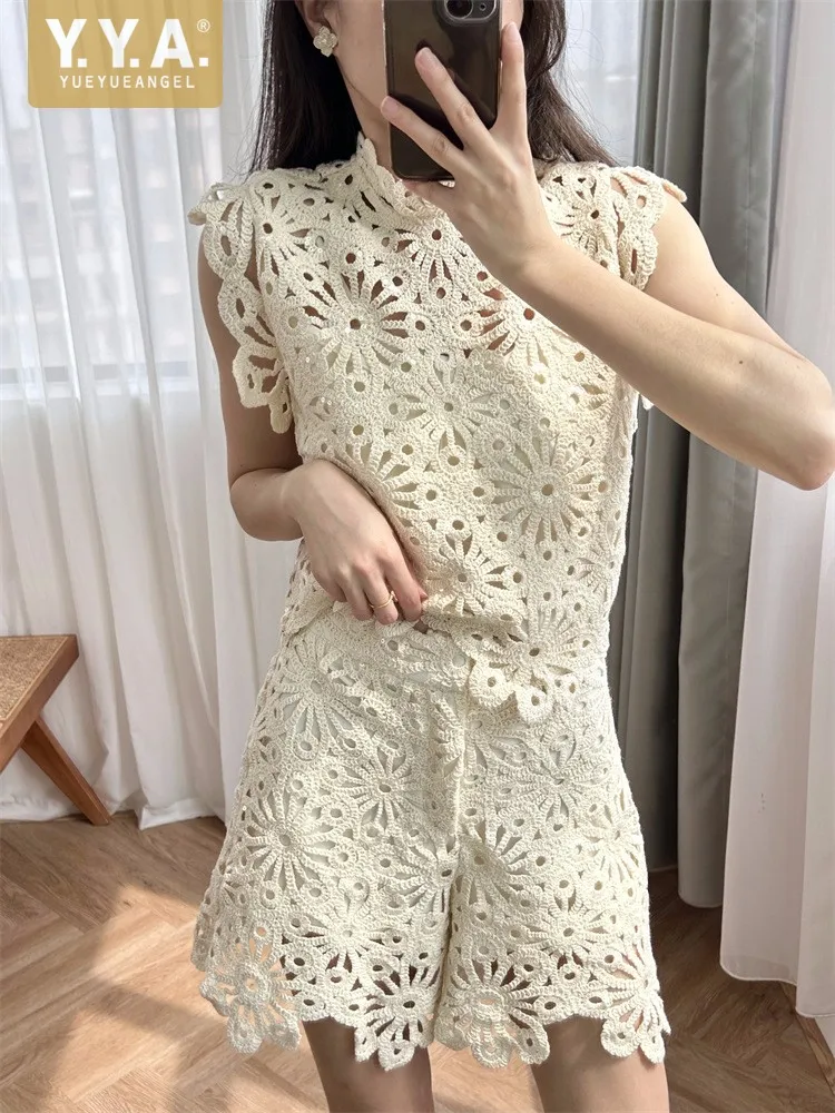 

Летний женский модный Повседневный Новый дизайн, ажурный вязаный пуловер без рукавов с цветочным принтом, топ с высокой талией и шорты, Женский комплект из двух предметов