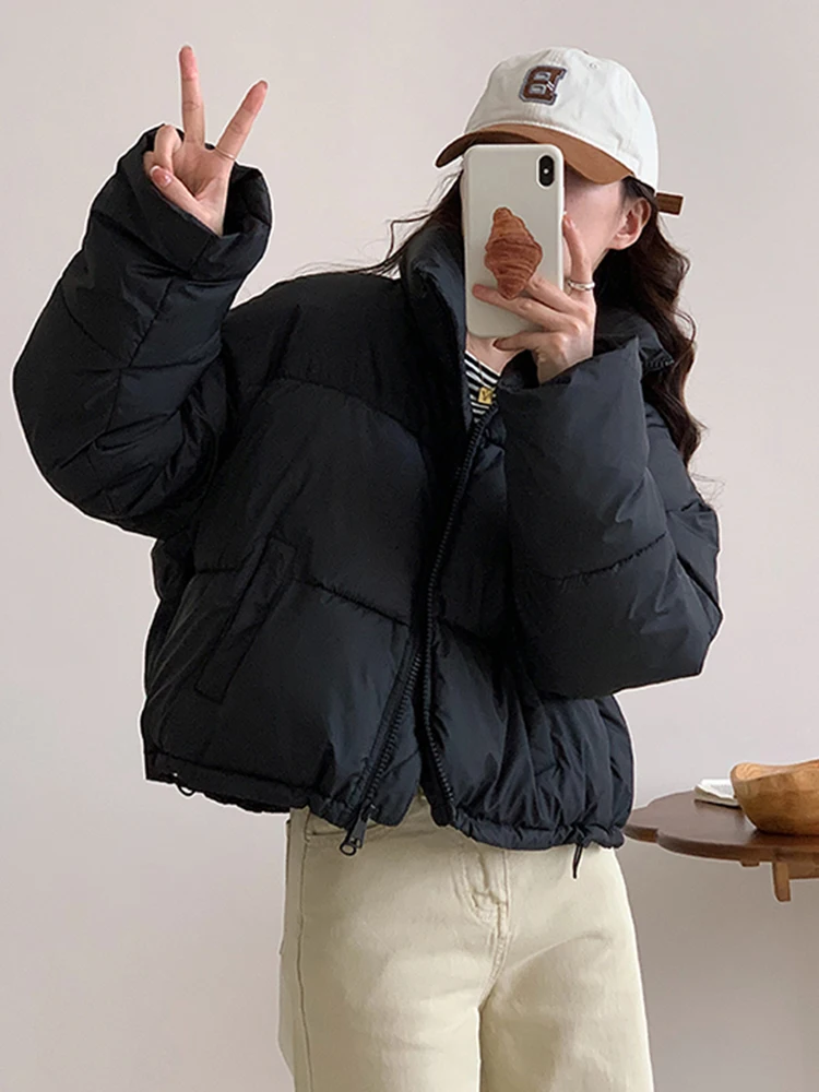 Korean Fashion Women Puffy Coats Simple Solid Loose Short Parkas Winter Thick Warm Elegant Cotton Padded Female Down Jacket
