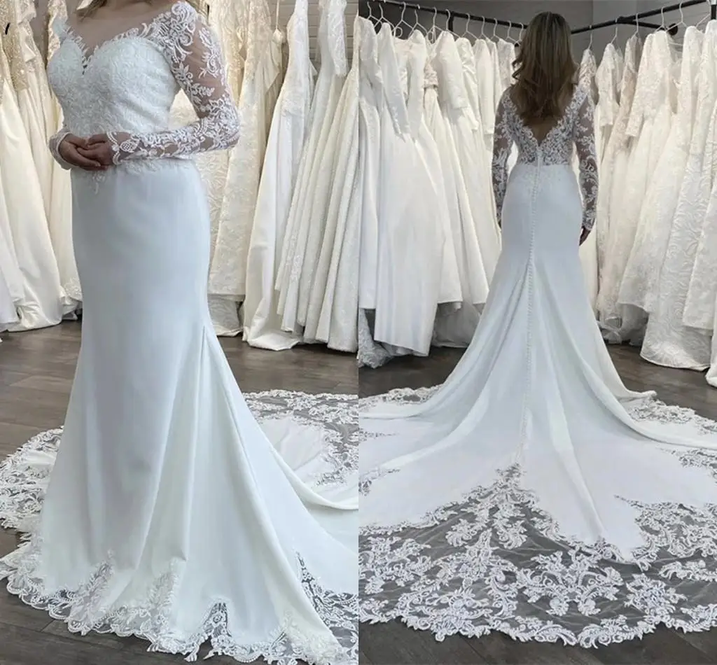 

Beauty Arabic Aso Ebi Lace Appliques Mermaid Wedding Dresses Robes de Mariee Long Sleeves Backless Mermaid ButtonsBridal Gowns
