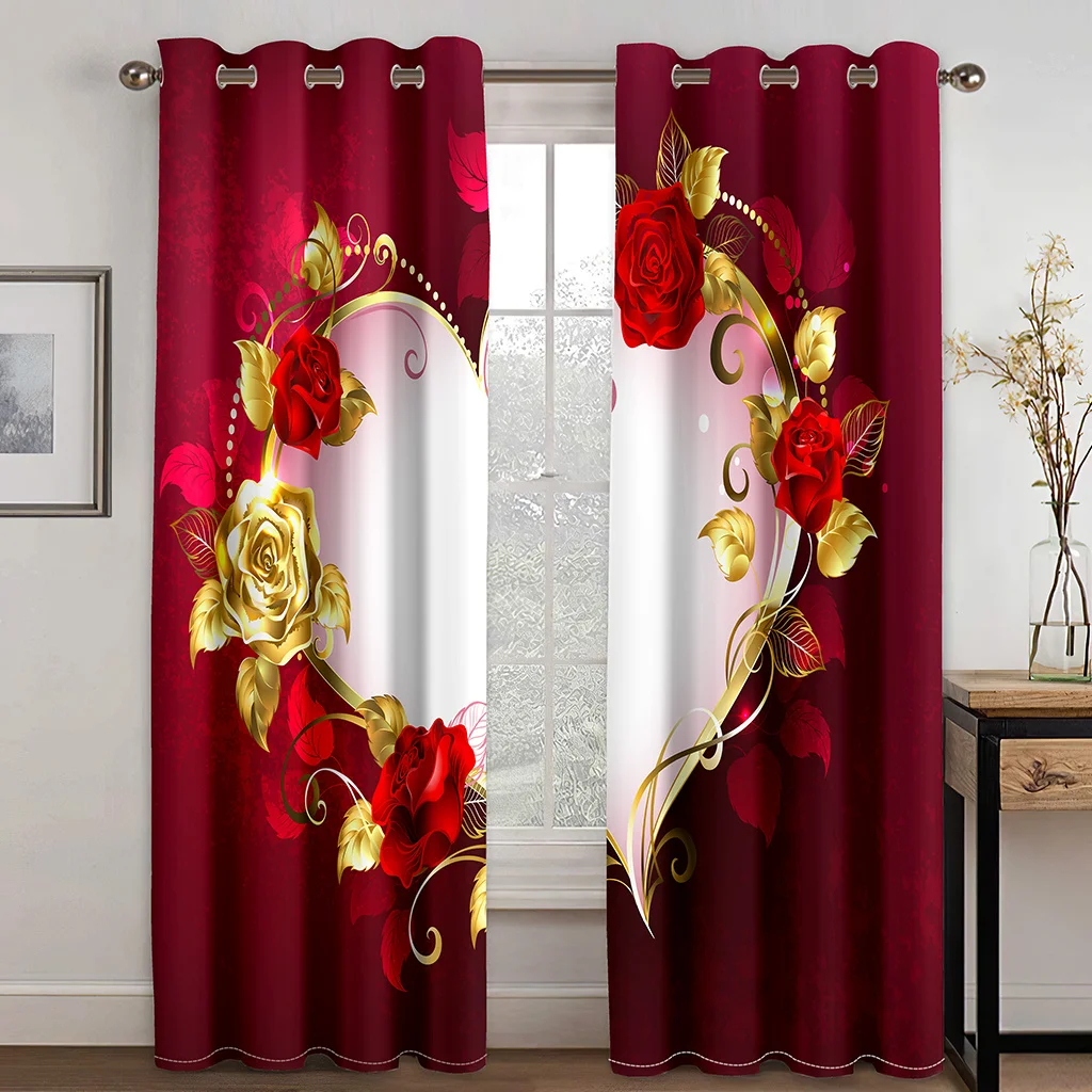 

Beautiful Red Rose Flower Decor Curtains Golden Rose Flower Pattern Curtains 2 Panel Girls Bedroom Living Room Window Curtains