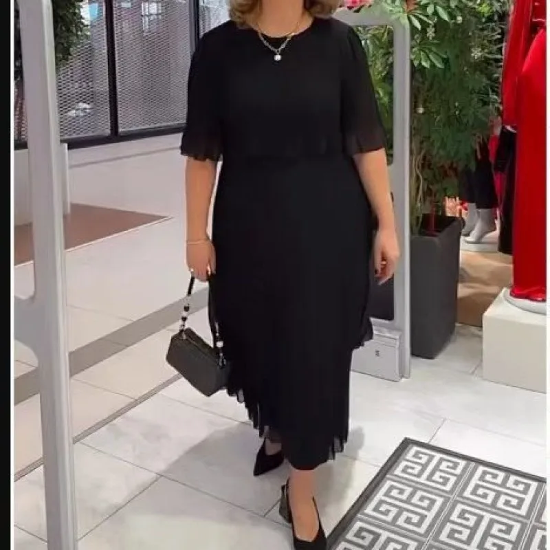 

Женское плиссированное платье, черное Свободное длинное платье с рукавом до локтя, кружевное элегантное винтажное уличное Повседневное платье, 79