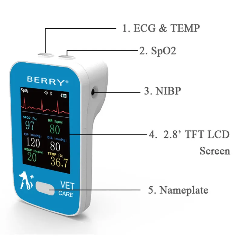 Berry Pet Health Bluetooth Veterinary Multiparameter Monitor Veterinary Blood Oxygen Meter Pet ECG Monitor