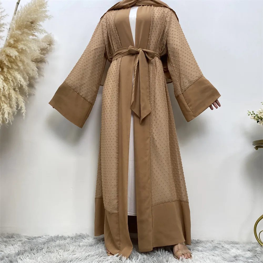 

European and American Muslim Polka Dot Loose Lace up Long Sleeve Cardigan Robe for Women to Order and Free Headband