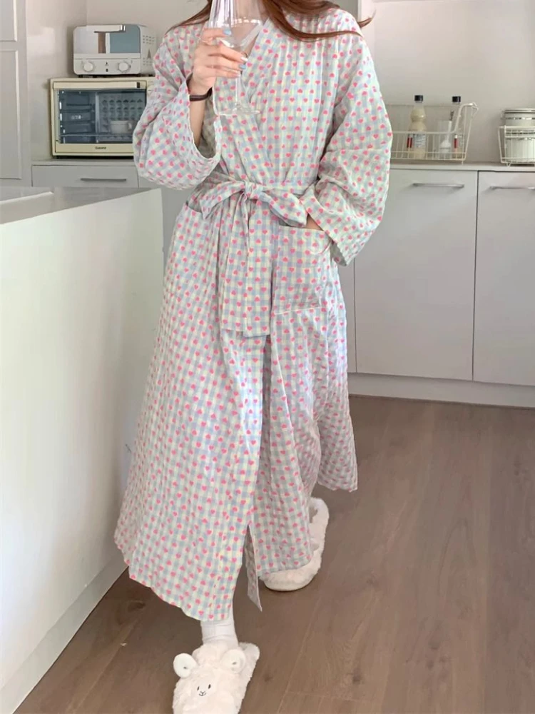 Sweet Heart Plaid Robes Women Autumn Long Bathrobes Japanese Sleepwear Belt Comfortable Loose Chic Female Simple Loungewear