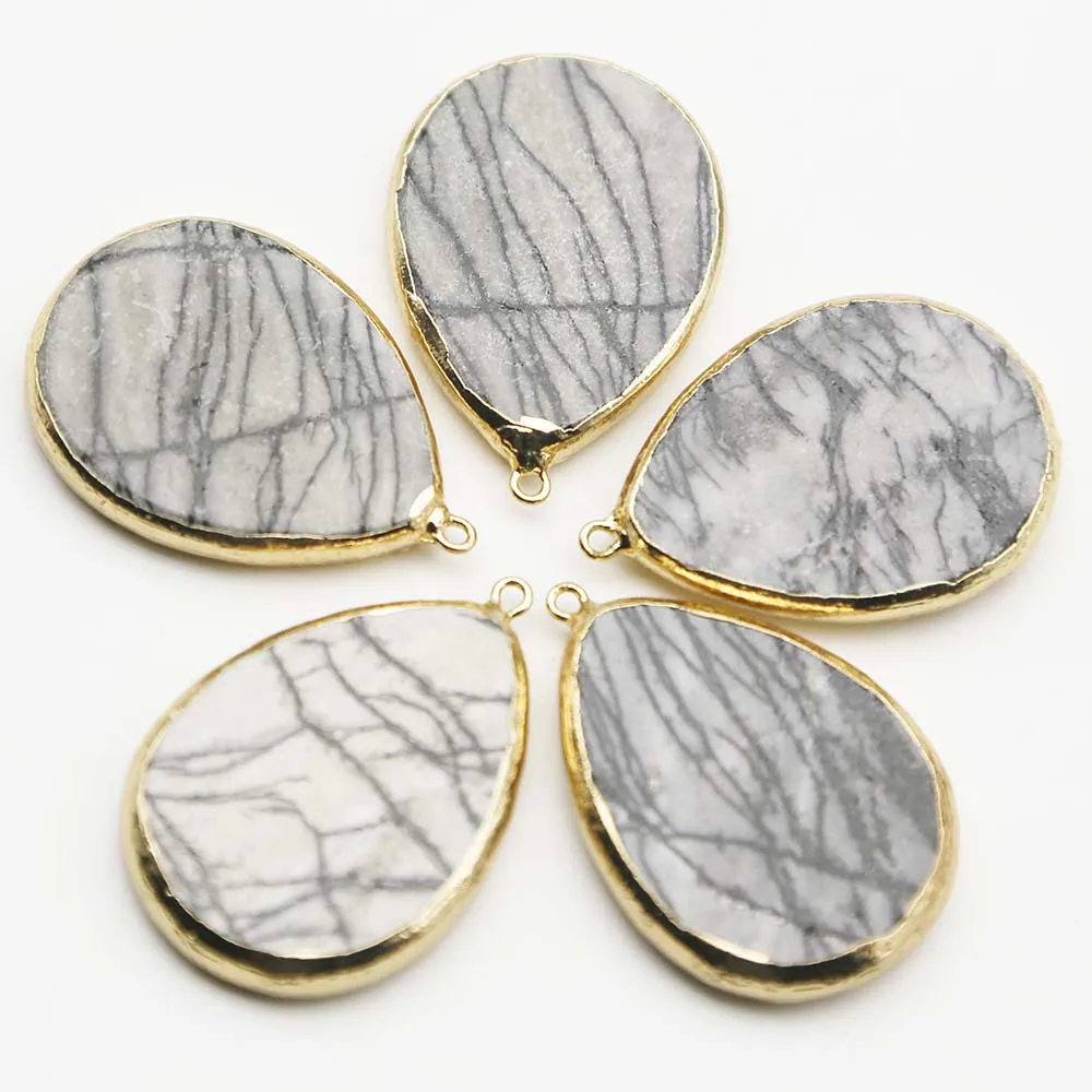 Exquisite Natural Semiprecious Stone Water Drop Black Mesh Gold Edge Pendant DIY Jewelry Accessories Wholesale 6PcsFree Shipping