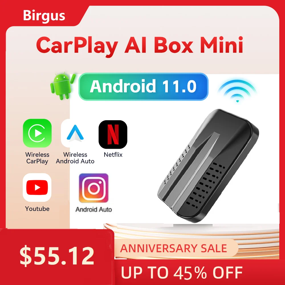 

2023 Original Birgus C9 Carlink Carplay Dongle Wireless Carplay/Android Auto 5 in1 Adapter With Netflix Youtube Car Android Box