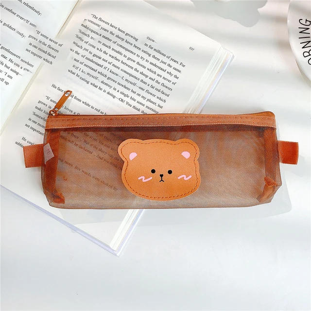 Cute Bear Transparent Mesh Pencil Case Ins Portable Toiletry Makeup Pencil Bag Stationery Gift School Pencil Box Crafts Supplies Bear-S