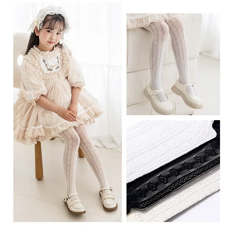 New Summer Girls Tights Pure Cotton Breathable Mesh Beige White Black Children Princess Pantyhose Lolita Leggings For 4-6Y