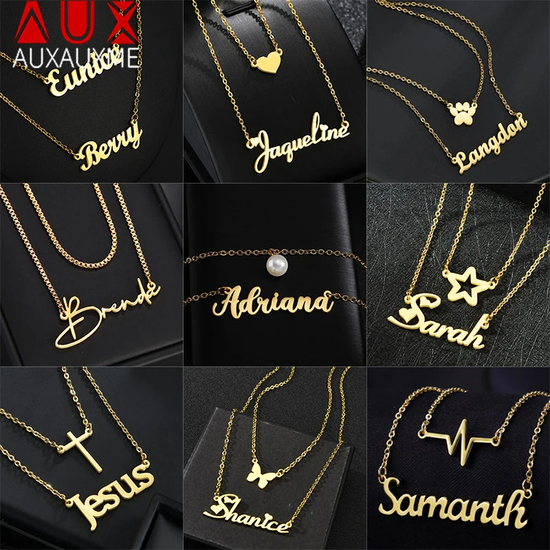 

Auxauxme Customized Double Layer Names Necklace For Women Stainless Steel Heart Butterfly Nameplate Pendant Necklaces Jewelry