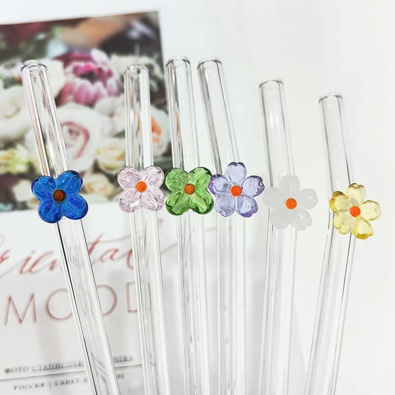 Flower Drinking Straw Set 6pcs High Borosilicate Glass Bent Straws Set with Brush Milk Shake Coffee Cocktail Straw Bar Drinkware