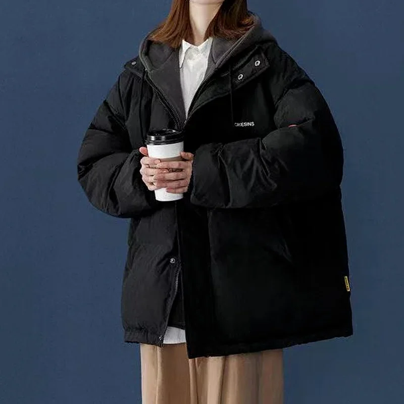 Fashion Thick Cotton Clothing Couple Style Korean Loose Fake Two-piece Splicing Hooded Top Men's Women's Spring Jacket Winter