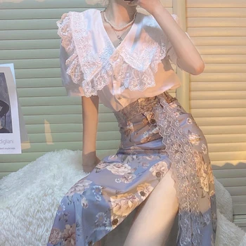 Women Skirt Vintage Floral Office Lady y2k High Waist Elegant Button Casual Party Split Skirt Sexy Streetwear Summer New Fashion 1