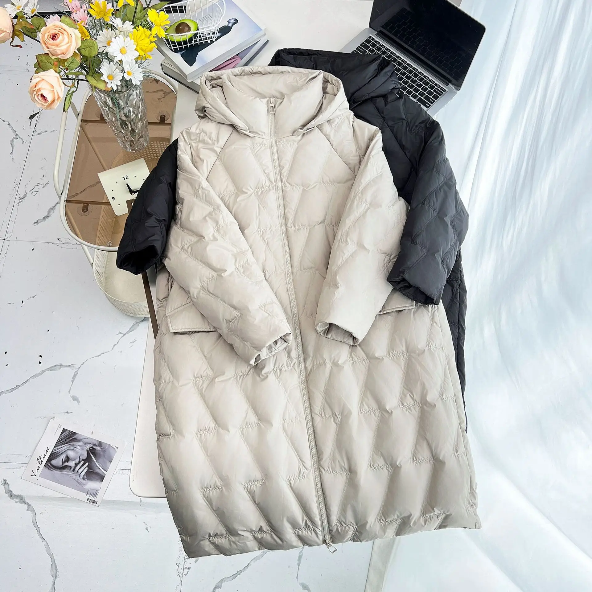 Plus Size Women Down Coat Winter Loose Thickening Z Pattern Hooded 50% White Duck Down Long Jacket 2786
