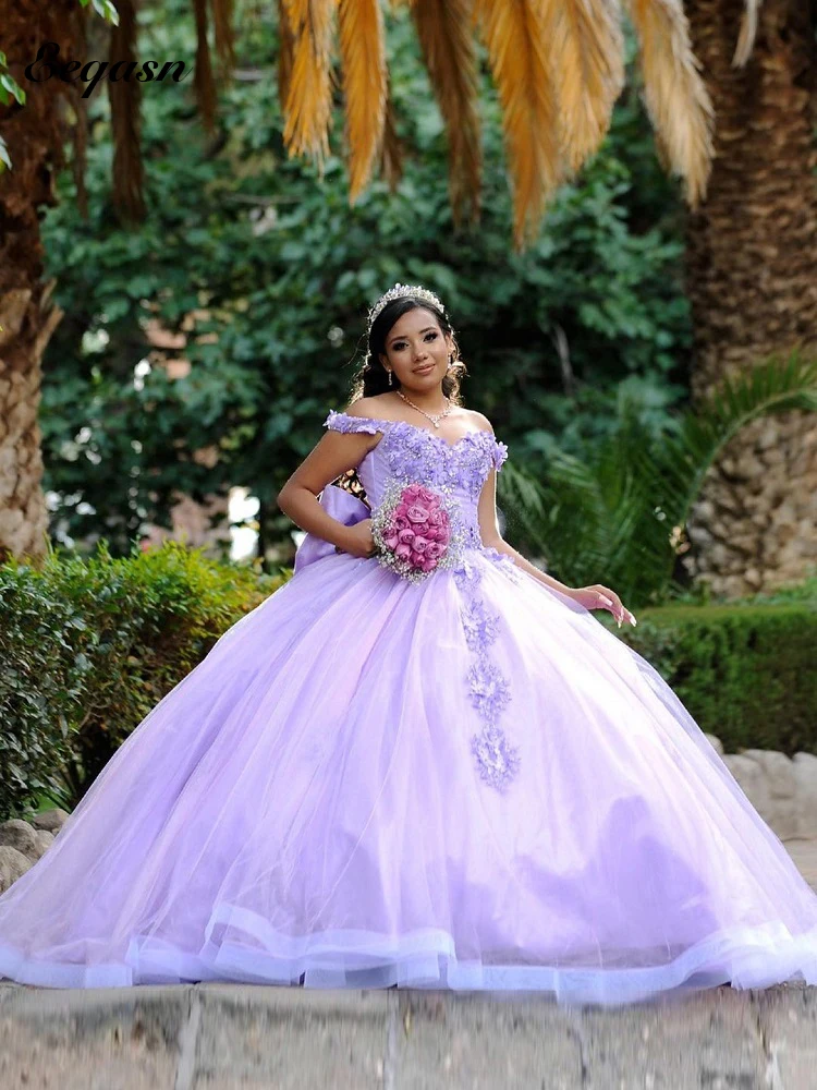 

Ball Gown Lavender Quinceanera Dresses Off Shoulder Lace Flowers Crystal Princess Sweet 16 Dress Mexican Prom Party Gowns