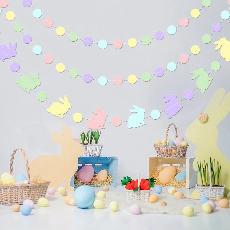 Pastel Colourful Rabbit Circle Dots Hanging Paper Garlands Banners Backdrops for Birthday Easter Them Party Home Decorations