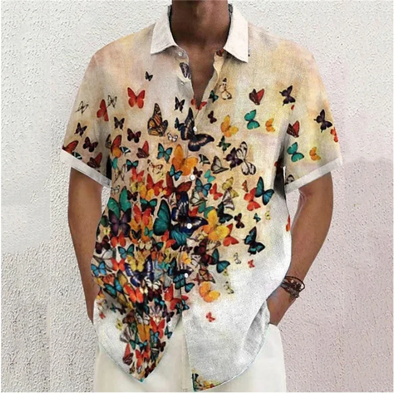 Men's Shirt Floral Butterfly 3D Print Lapel Button Shirt Outdoor Street Short Sleeve Clothing Fashion Designer Casual Soft 5XL