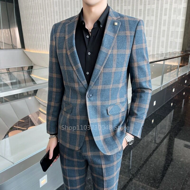 New Design Plaid 2 Pieces Suits with Notch Lapel Single Breasted Slim Fit Best Men Groom Tuxedos Wedding Business Party Suits