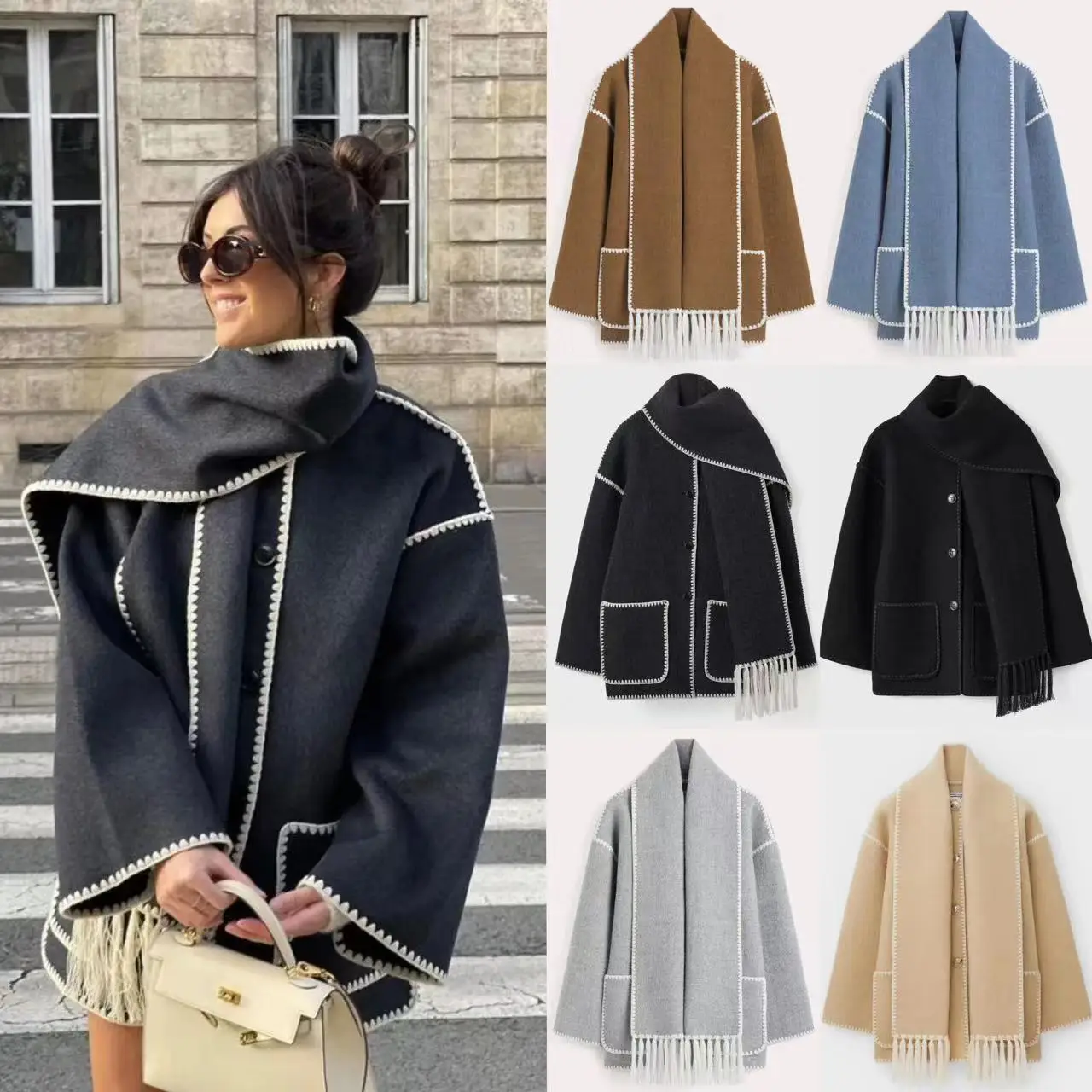 

Korean Women Autumn Winter Full Sleeve Wool Coat Tassel Scarf Slim Fit Regular Solid Thick Pockets Mid Length Blends Coats