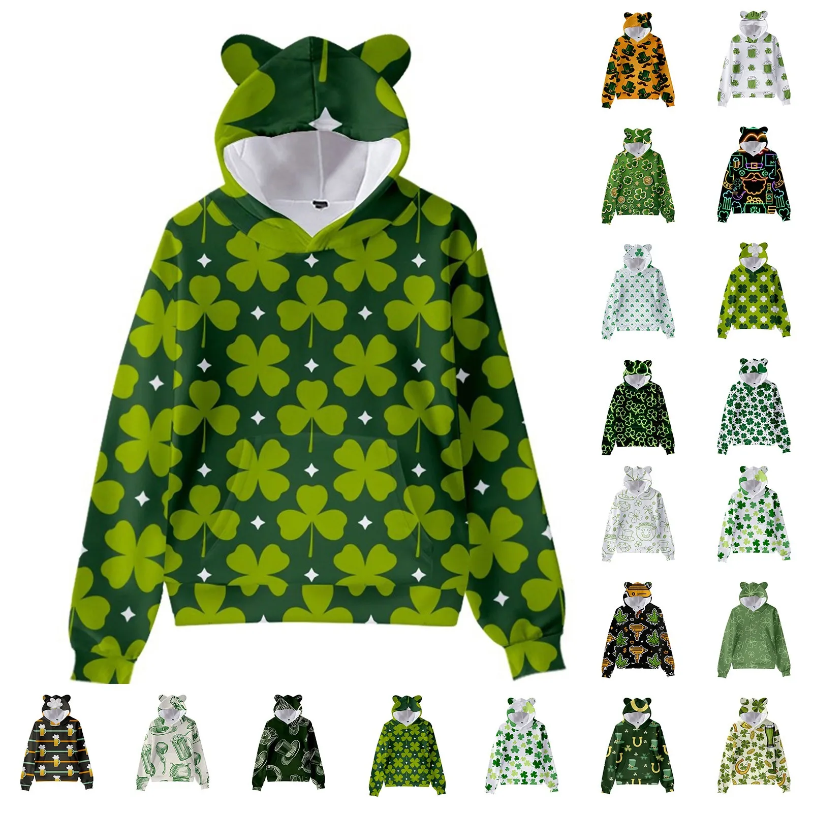 

General Children's Sweater St Patrick's Print Cute Cat Ear Hat Long Sleeve Sweater Children Clothes top Children clothes new