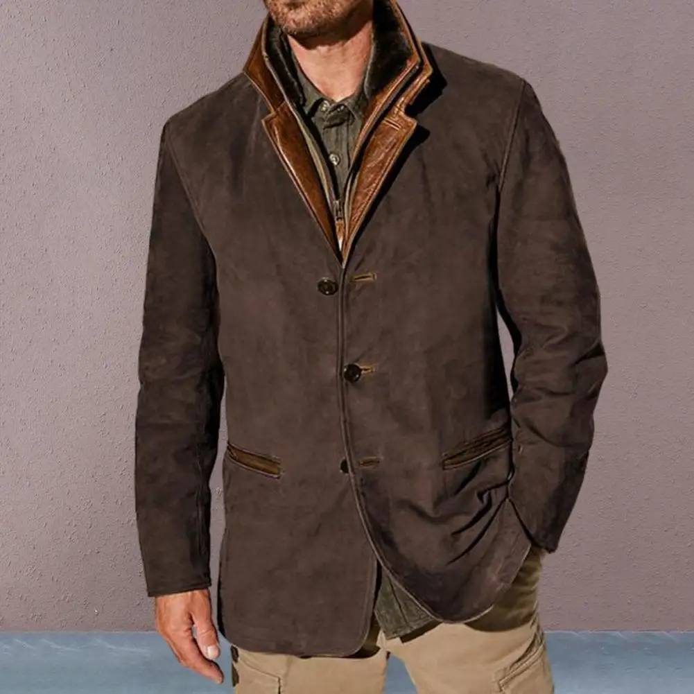 Retro Style Men Jacket Men's Retro Patchwork Cardigan Coat with Plush Lining Fake Pockets Stylish Winter Jacket for Plus Size