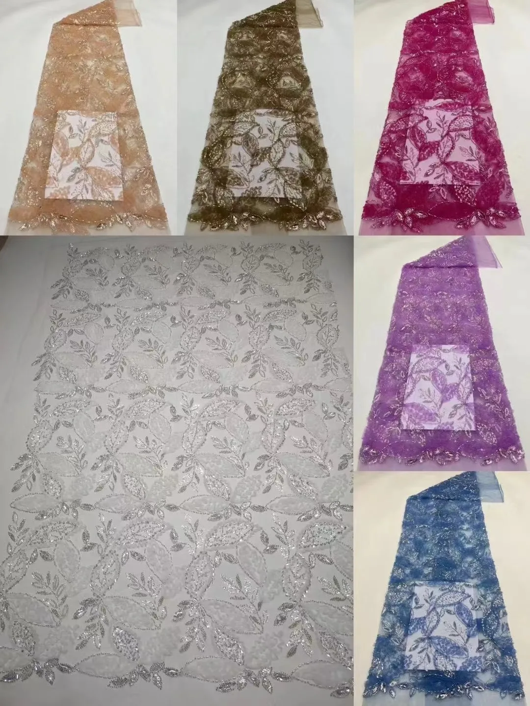 

2024 African Nigerian Sequin Lace Mesh Beaded Fabric Embroidery For Women Wedding Dresses 5Yards Fabrics Tulle