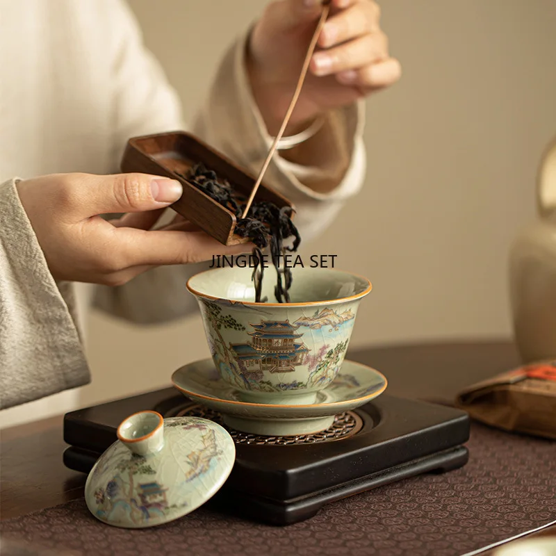 Chinese Ru Kiln Ceramic Cover Bowl Handmade Landscape Travel Portable Tea Set