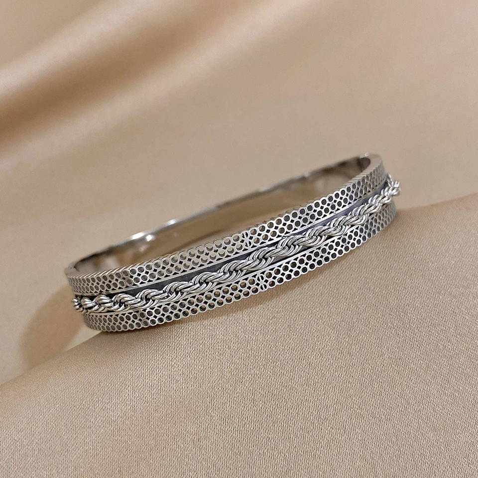 Bracciale Rigido Intrecciato In Acciaio Inossidabile Con Doppia Tonalità Oro E Argento - Regolabile E Alla Moda Per Donna
