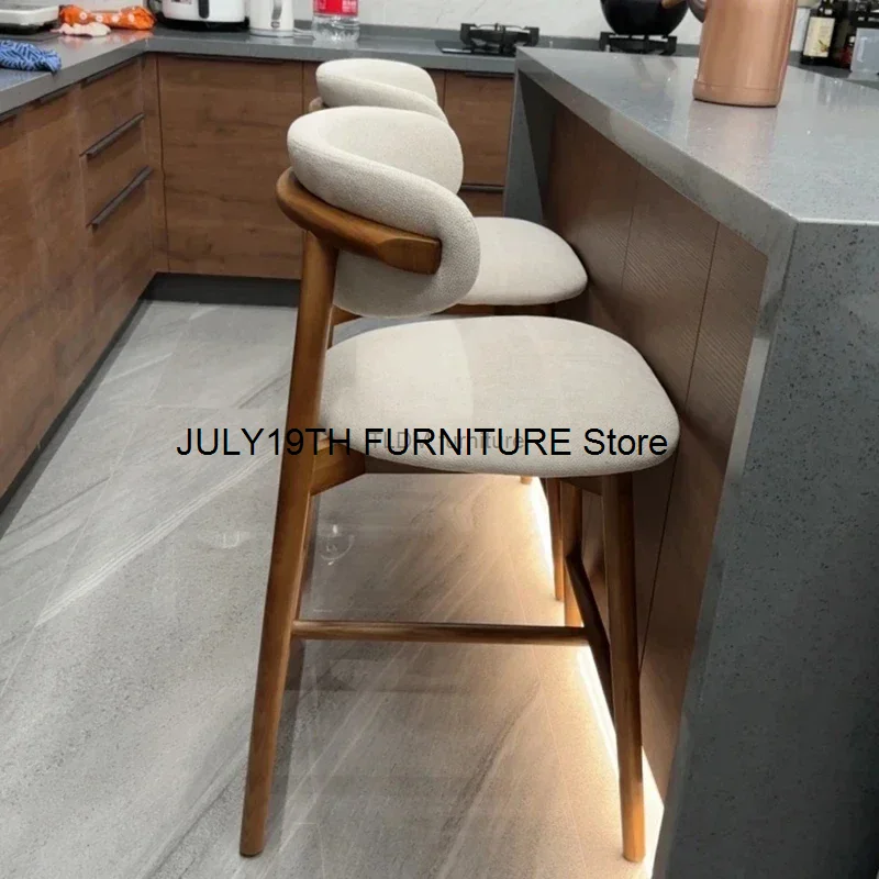 Nordic Light Solid Wood Bar Chairs Modern Home Kitchen High Bar Stools Designer Fabric Backrest Stools for Furniture bar chairs