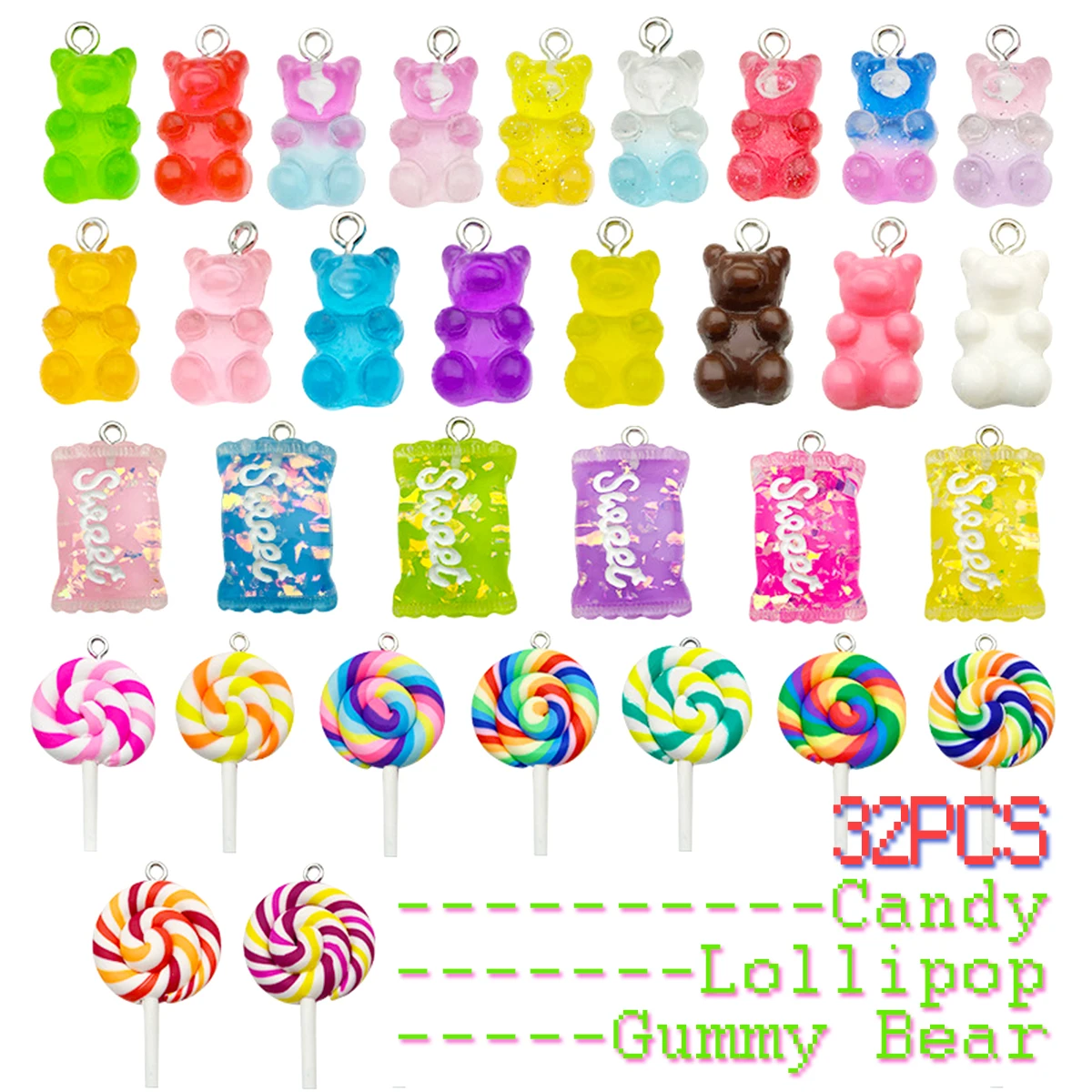 

32Pcs/set Cute Gummy Bear Pendant Charms Resin Lollipop Colorful Candy DIY Earrings Keychain Necklace Jewelry Making Accessories