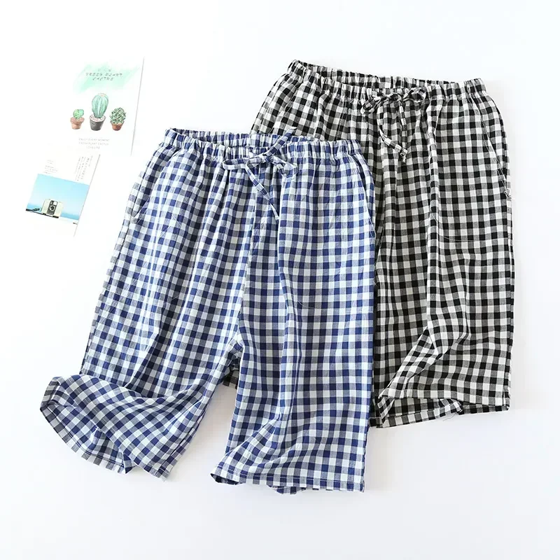 

Loose Shorts Pants Sand Men's Lounge Elastic Plaid Men Boxers Casual Pajamas Wear Fashion Band Sleep Bottoms Cotton Home Gauze