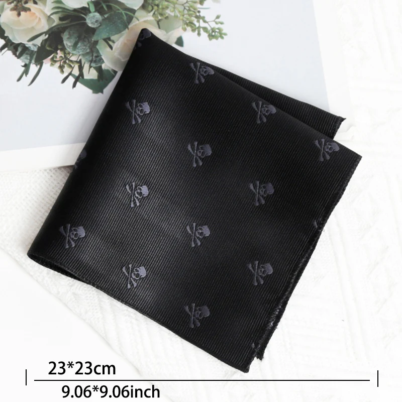 Black Slim Skull Ties for Men Women NeckTie Pocket Square Cufflinks Brooch Set Casual Party Cosplay Punk Accessories Fake Collar