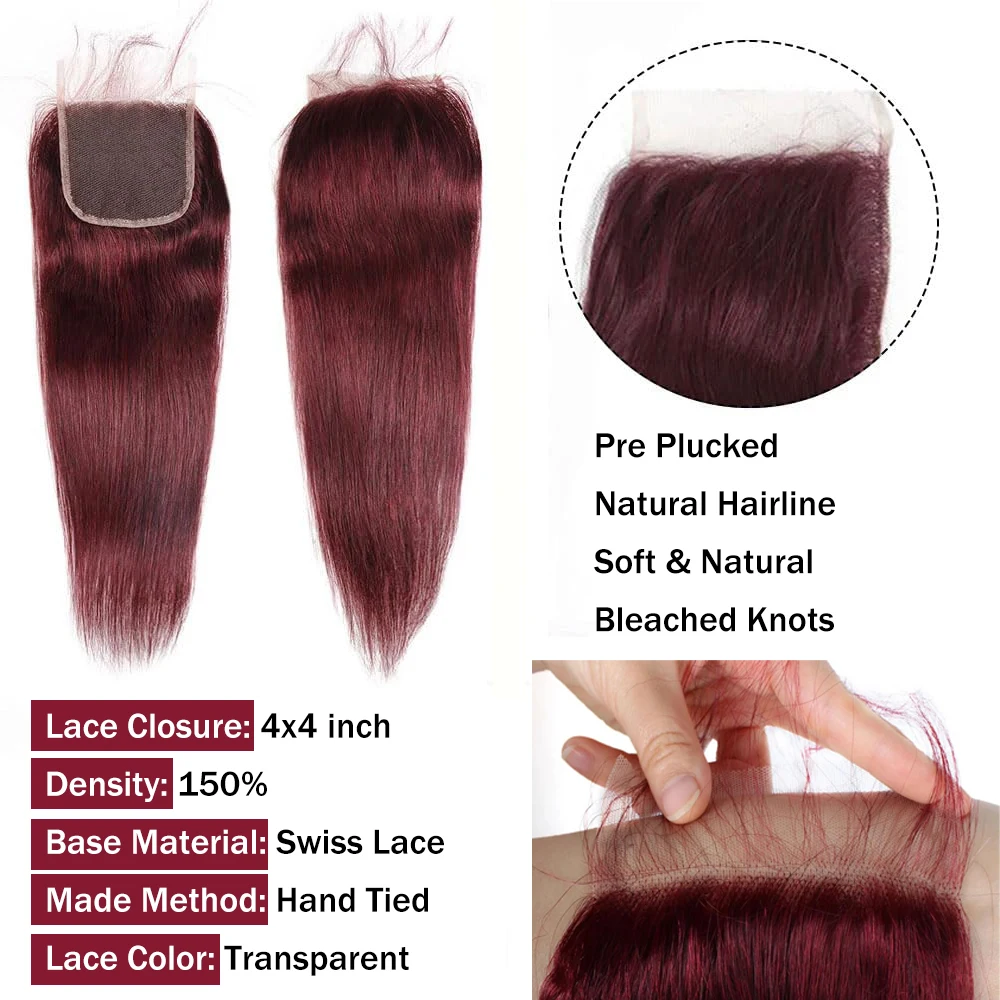 99J Burgundy Straight Human Hair Bundles and Closure Brazilian Remy Bundles With 4x4 Lace Closure 100% Human Hair Extensions 3