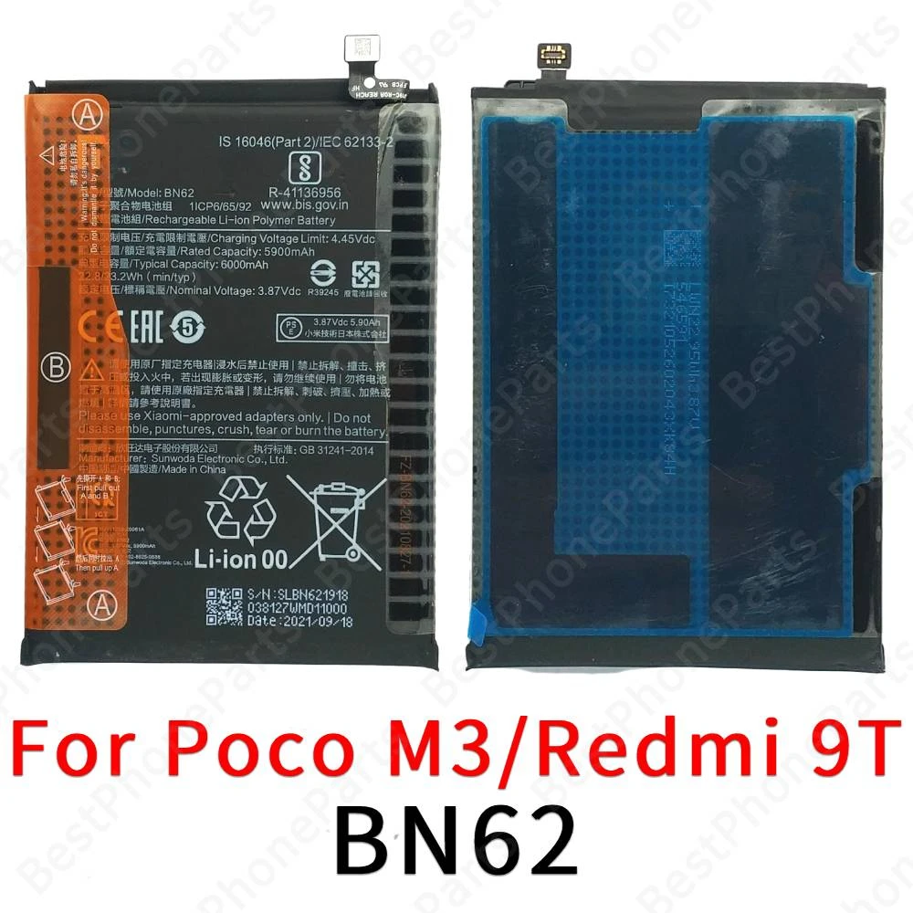 

Battery For Xiaomi Poco M3 Redmi 9T Cellphone Replacement BN62 Li-ion Bateria 6000 mAh Spare Parts