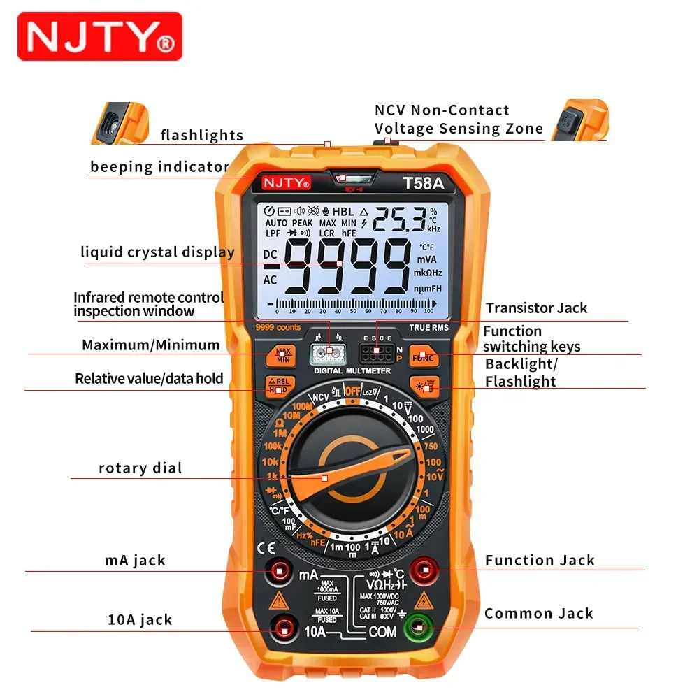 NJTY T58A/T58B NCV 디지털 멀티미터 9999 카운트 자동 범위 AC/DC 전압계 대형 스크린 백라이트 손전등 멀티미터 테스터