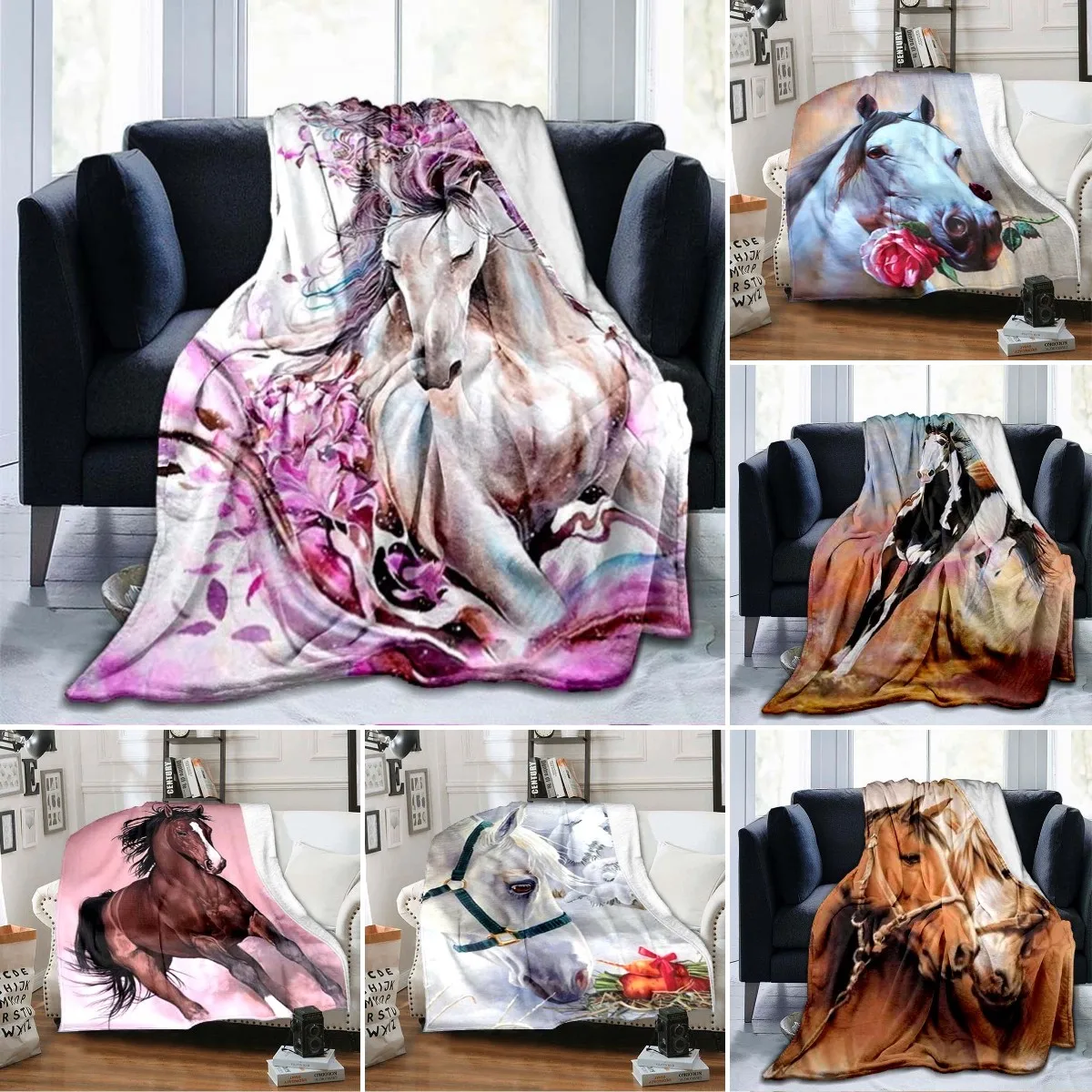 Pferd Blütenblatt Flanell Wurf decke wilde Tiere Decke super weich warm  leicht für Wohnzimmer Reise Sofa Couch Bettdecke