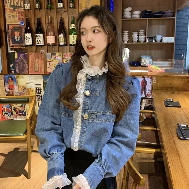 Korea Autumn Denim Shirt Women's Fashion Lace Patchwork Jean Tops Jacket Female Vintage Blue Elegant Blouses Ladies Trend Coats men s dark blue business suits formal suits for men one set james bond men wedding suits groom tuxedos coats pants tie