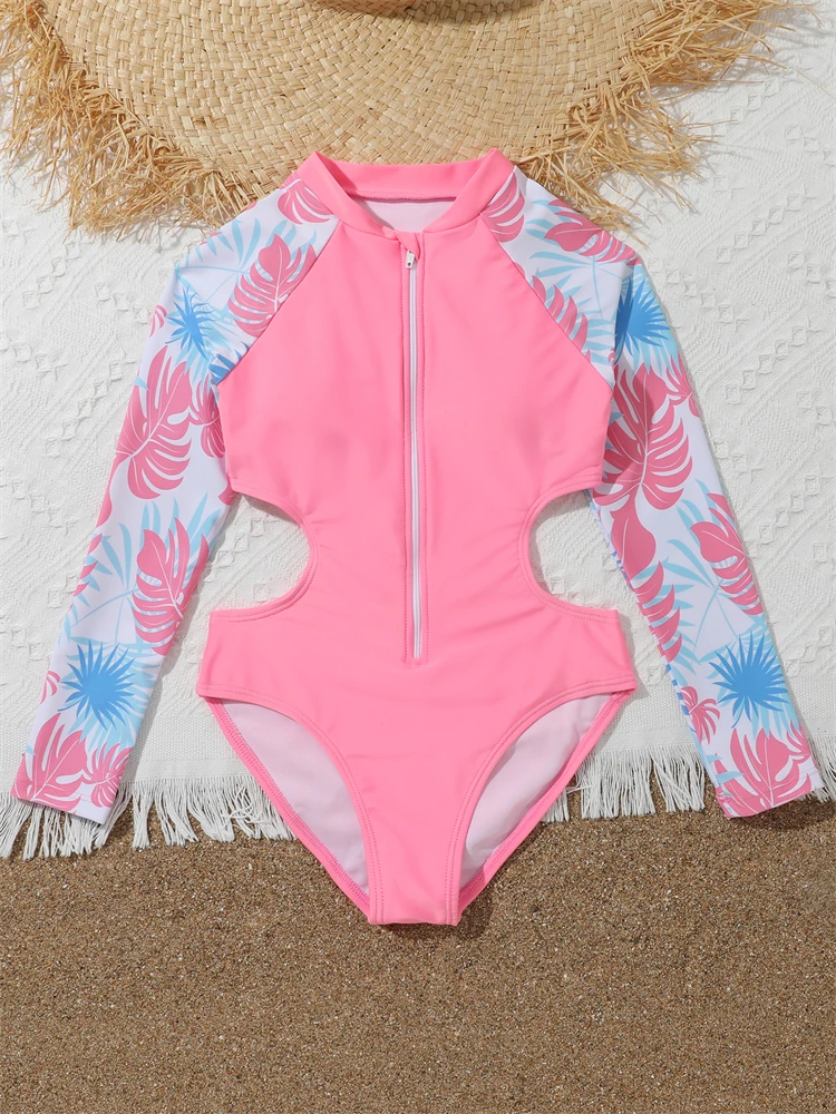 One Piece Girls Swimsuit 2024 New Pink Print Long Sleeve Children Swimwear Summer Hollow Out Kids Beach Swimming Bathing Suit