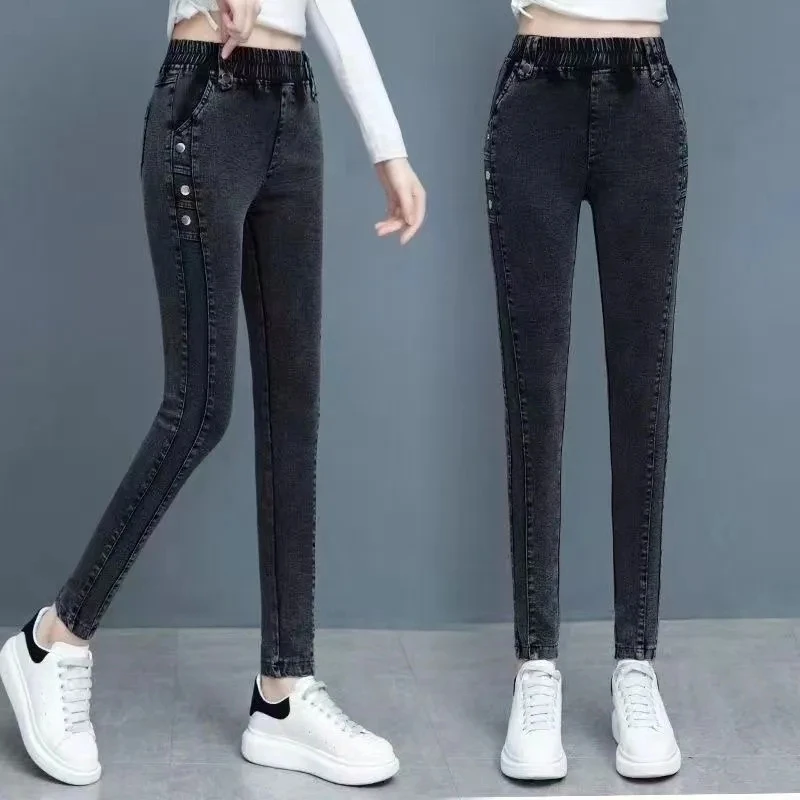 High Stretch Pencil Pants Casual Elastic Waist Skinny Full Length Jeans Spring New Plus-Size Woman Trousers Fashion Pantalones