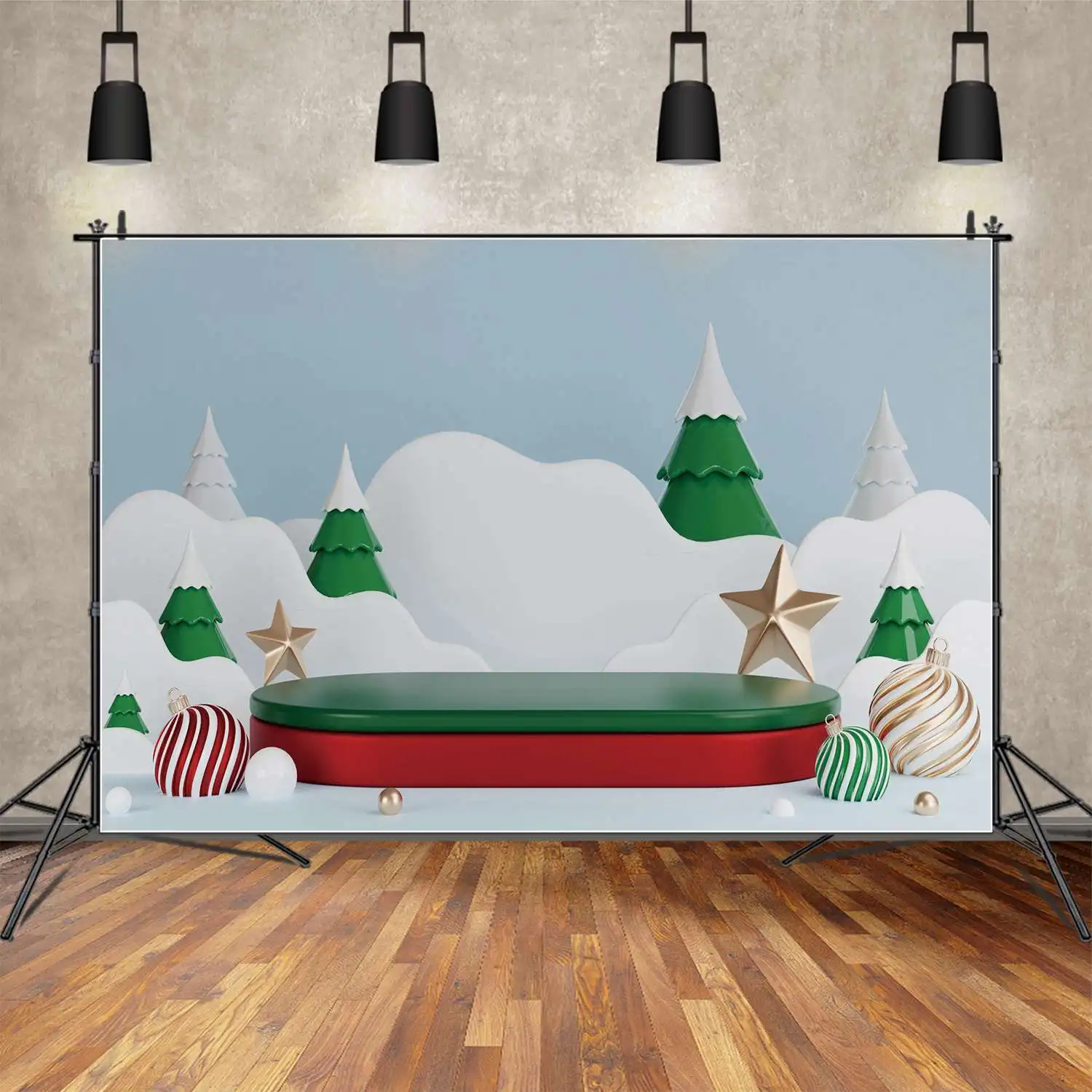 Moon.Qg Fondale Festa Di Natale Stella D'Oro Verde Stage Photography Sfondo Bambini Snow Forest Tree Ball Photo Booth Puntelli