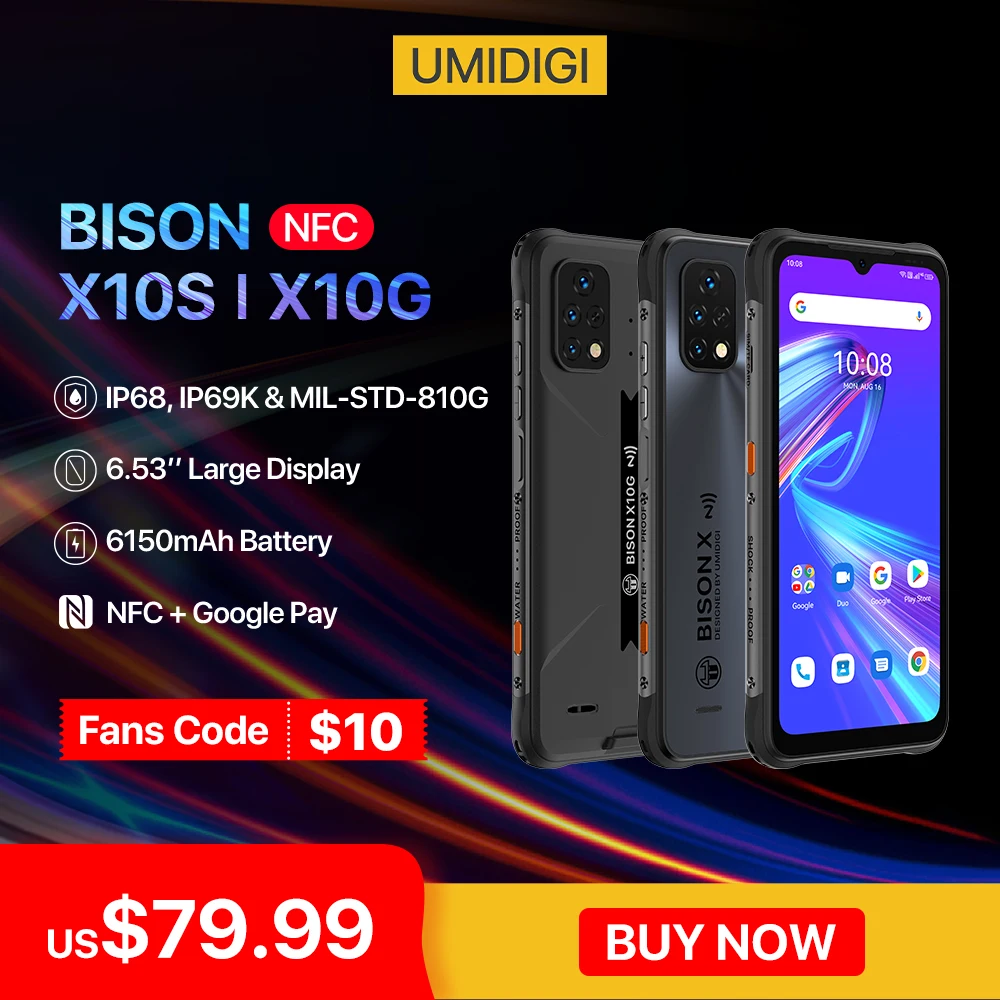 

UMIDIGI BISON X10S X10G NFC, Waterproof Rugged Smartphone 6.53" HD+ 4GB 64GB 6150mAh Battery Cell Phone