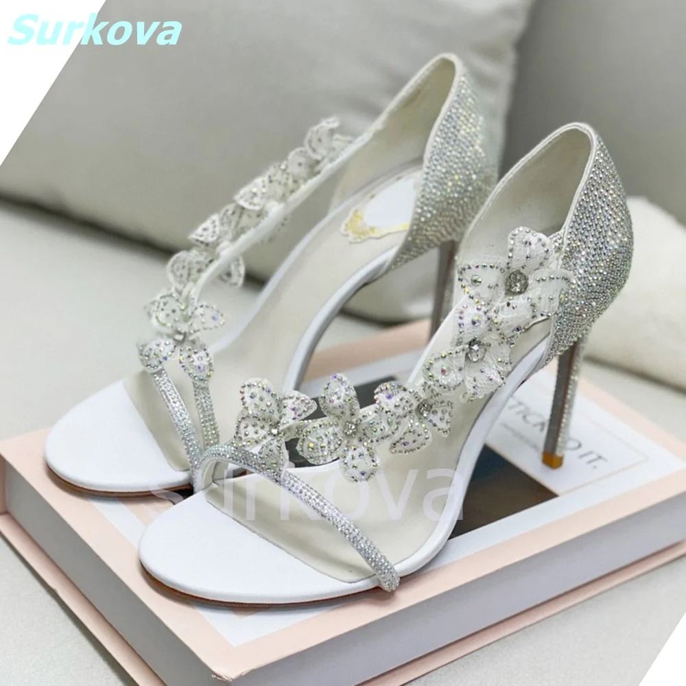

Bling Flower Sandals Round Toe Thin High Heels Cover Heel Slip On Stilettos Newest Summer Fashion Sexy Women Shoes Luxury Shoes